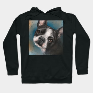 Contemporary Painting of a Cute Boston Terrier on Blue Background Hoodie